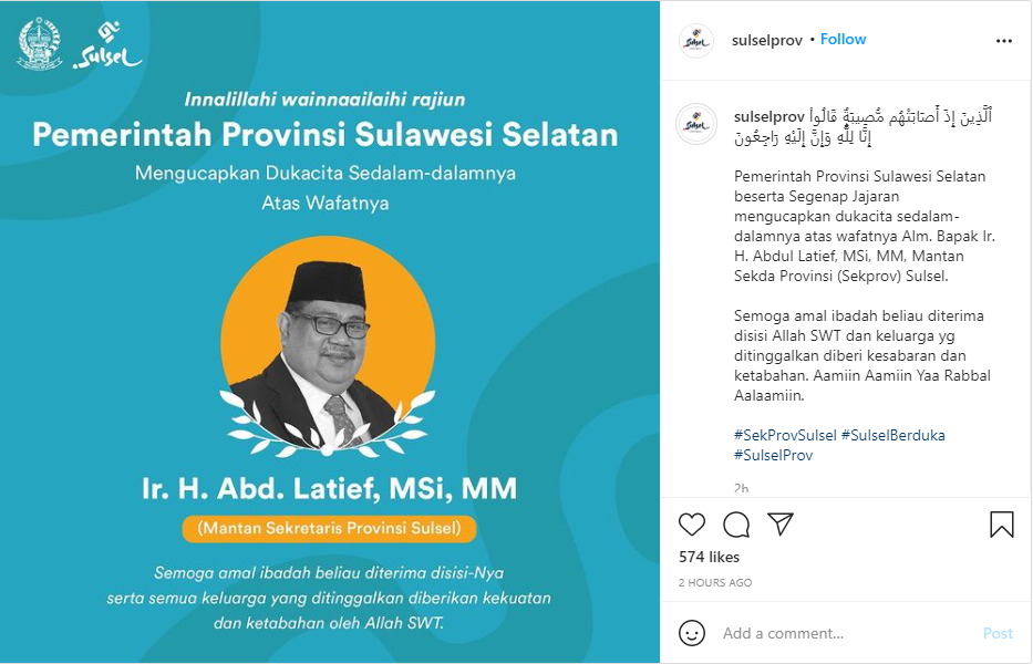 Mantan Sekretaris Daerah Provinsi Sulawesi Selatan Abdul Latief. Instagram/Sulselprov.
