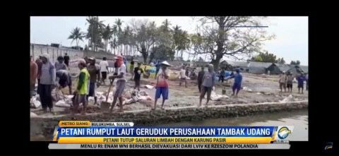 Para petani rumput laut berjibaku menutup saluran air limbah dengan karung berisi pasir. Foto: Medcom.id/Dok. Metro TV