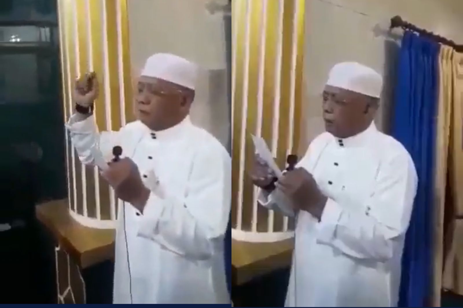 Tangkapan Layar - Dalam video berdurasi 2 menit 7 detik itu terlihat seorang pria mengenakan baju koko dan kopiah putih memimpin jemaah menyanyikan lagu Indonesia Raya. Foto: Twitter @NovalAssegaf