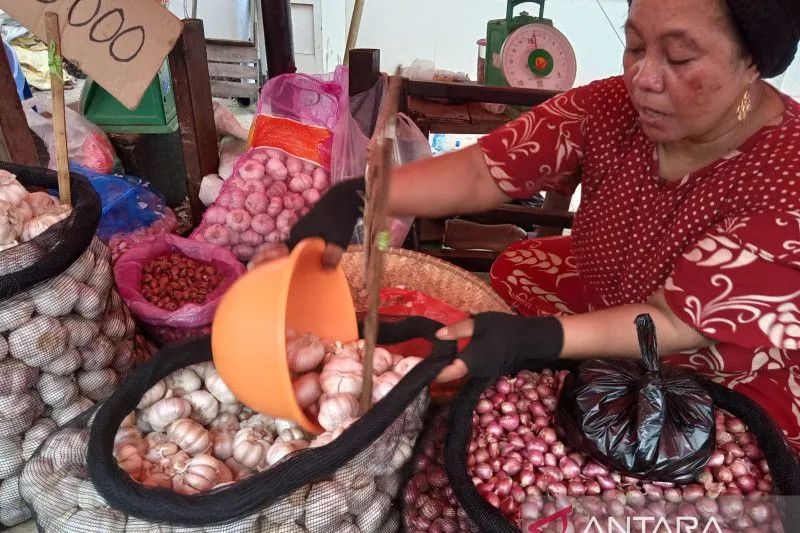 Suasana aktivitas jual beli bawang merah dengan harga Rp50 ribu - Rp60 ribu per kilogram, sementara bawang putih harganya cukup stabil Rp20 ribu per kg di Pasar Terong, Makassar, Senin (4/7/2022). Antara/ Suriani Mappong