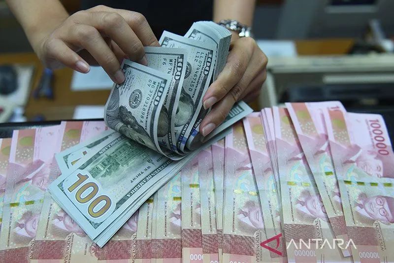 Ilustrasi: Pekerja menghitung uang dolar Amerika Serikat dan rupiah di sebuah tempat penukaran uang di Jakarta. ANTARA FOTO/Akbar Nugroho Gumay/wsj/pri.