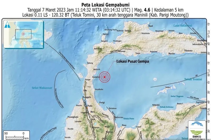Peta gempa bermagnitudo 4,6 mengguncang wilayah Maninili Kabupaten Parigi Moutong, Sulawesi Tengah pada Selasa (7/3/2023). ANTARA/HO-BMKG